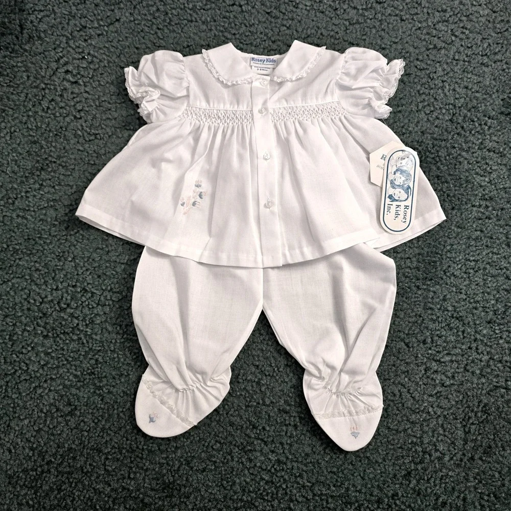 Rosey Kids Vintage White Smocked Floral Embroidered‎ Footed Pant Set 3-6 Mos NWT